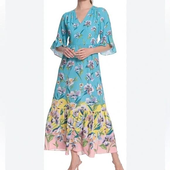 LONDON TIMES Maxi Dress NWT $120 Aqua Yellow Floral Size 12 - Picture 2 of 9